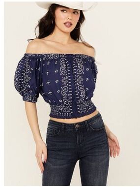 Boot barn Off-Shoulder Navy Bandana Print Crop Top